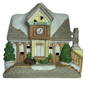 Christmas Village Train Station Vintage Porcelain House Holiday Ticket Building